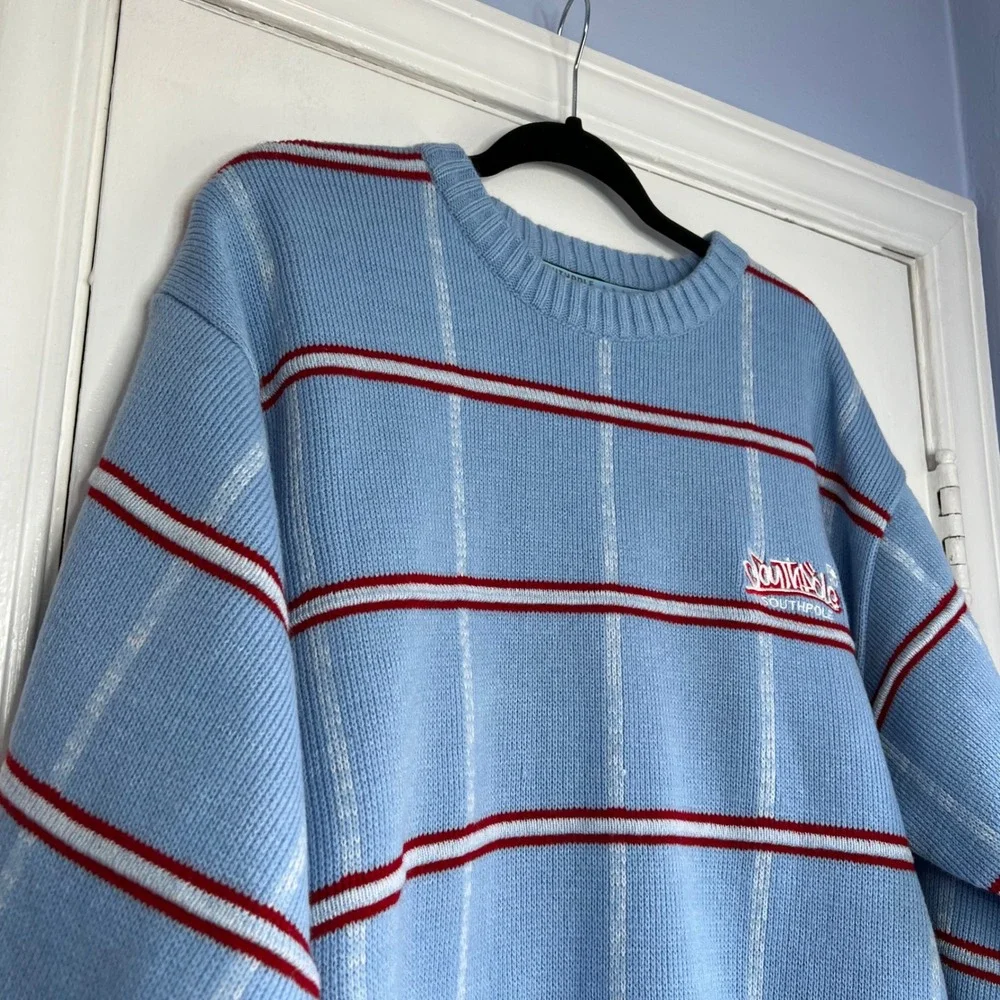 Y2K Vintage SouthPole Sweater Baby Blue Red Stripe Embroidered Men's Size Large